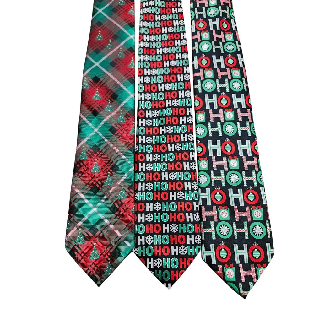 Holiday Traditions Hallmark Christmas Necktie Lot of 3 Plaid Ho Ho Ho Ornaments
